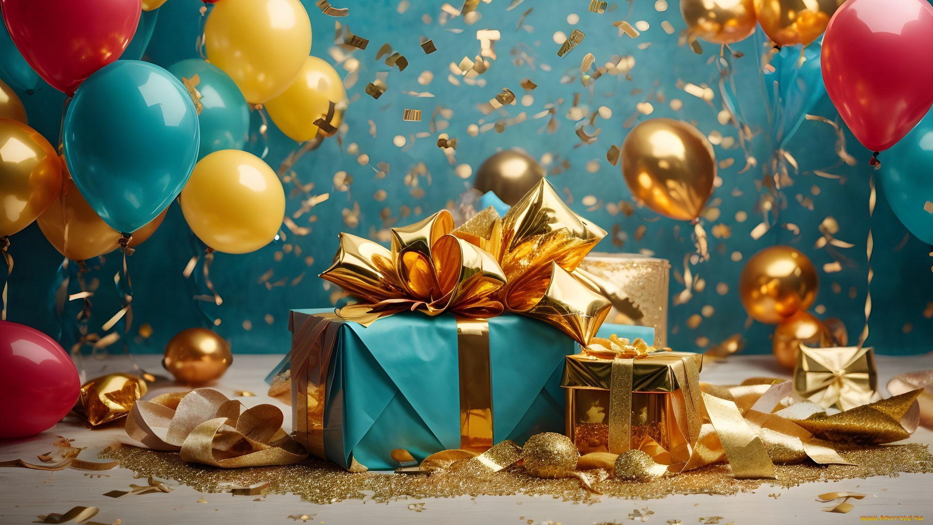 праздничные, день, рождения, подарки, шарики, ленты