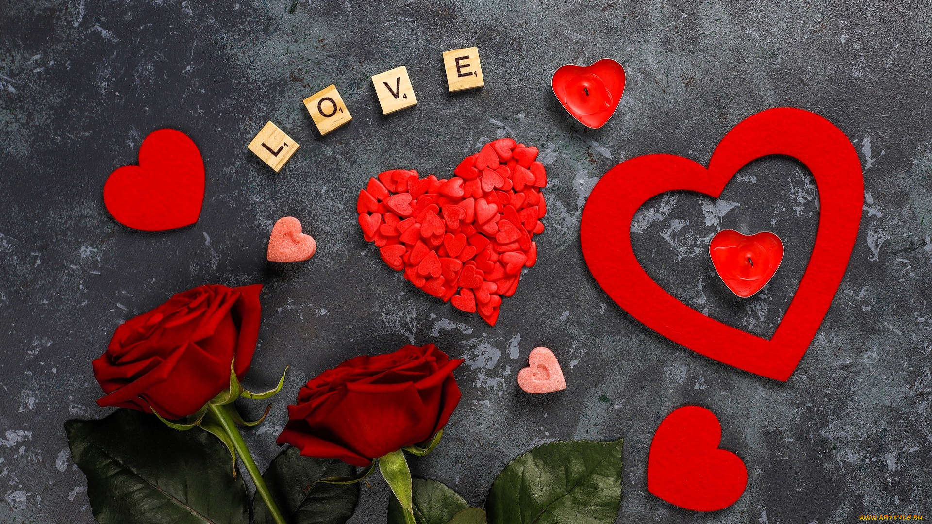 праздничные, день, святого, валентина, , сердечки, , любовь, розы, сердечки, надпись