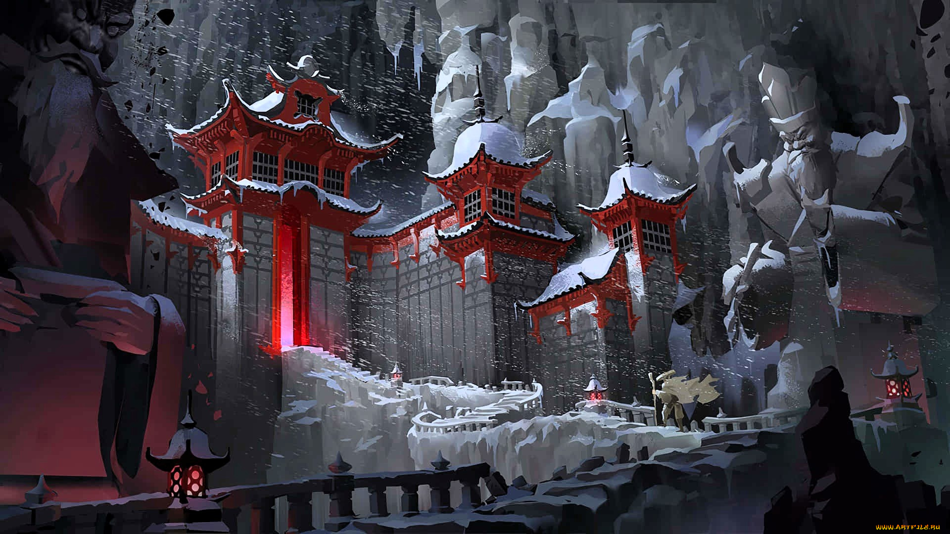 рисованное, кино, , мультфильмы, путник, лестница, снег, зима, храм, посох