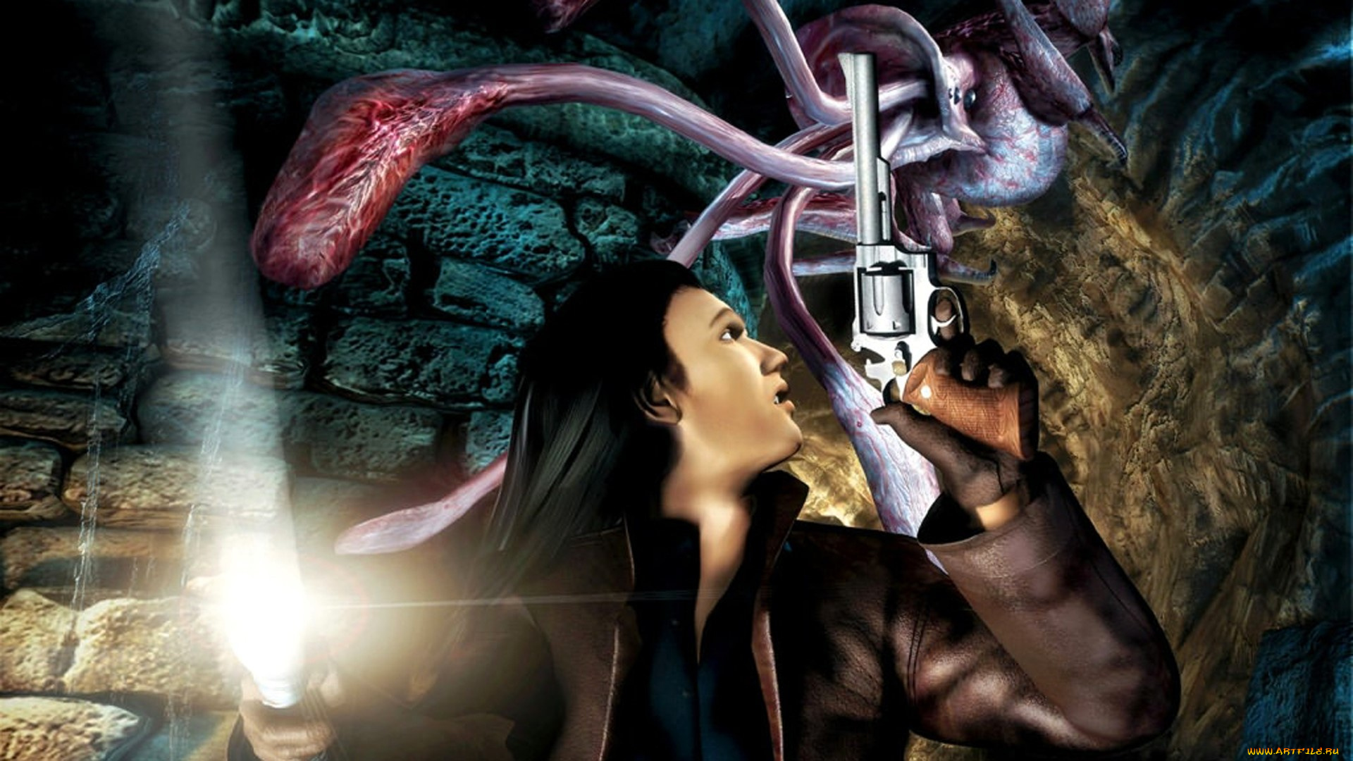 видео, игры, alone, in, the, dark, 4, парень, пистолет, фонарь, монстр