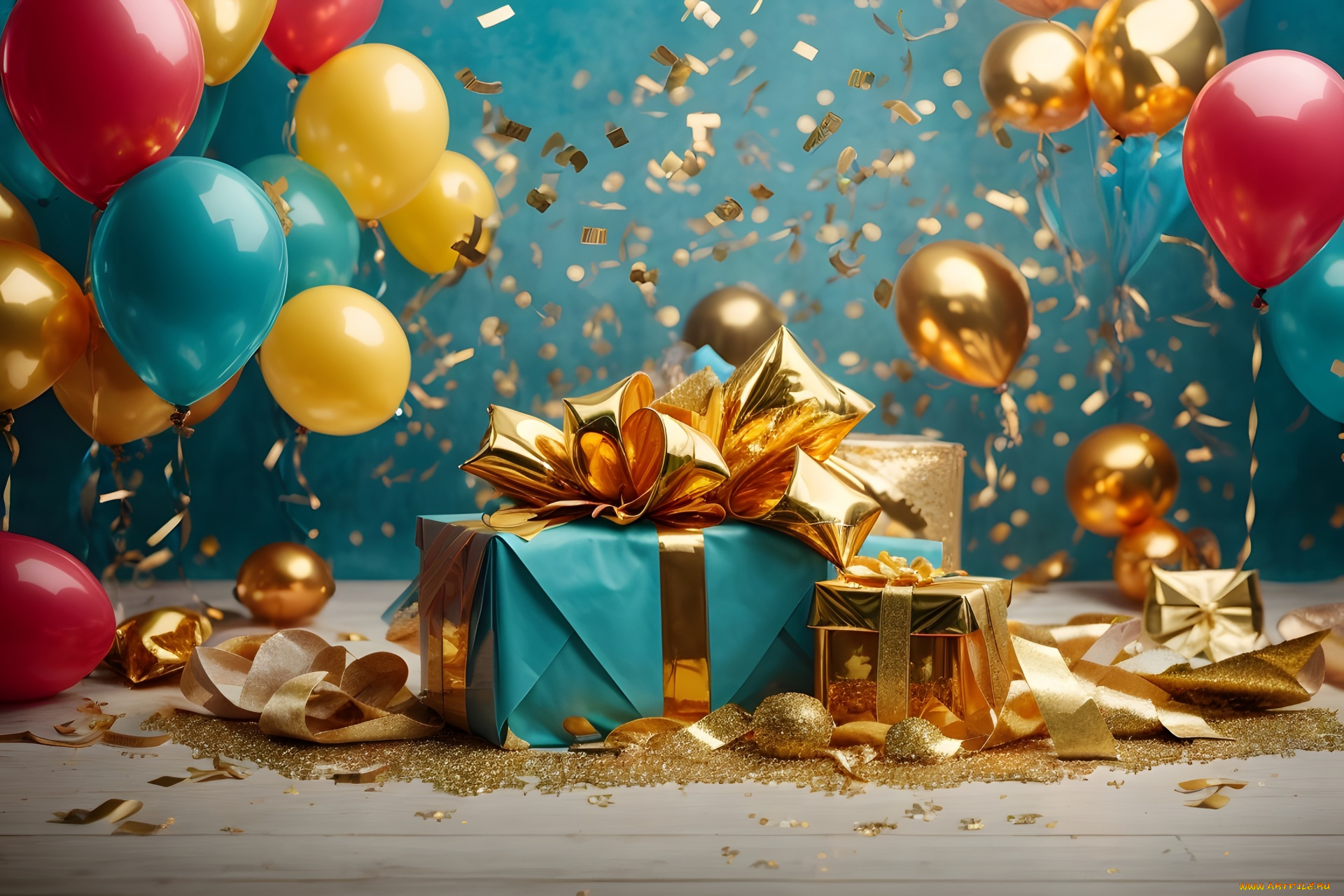 праздничные, день, рождения, подарки, шарики, ленты