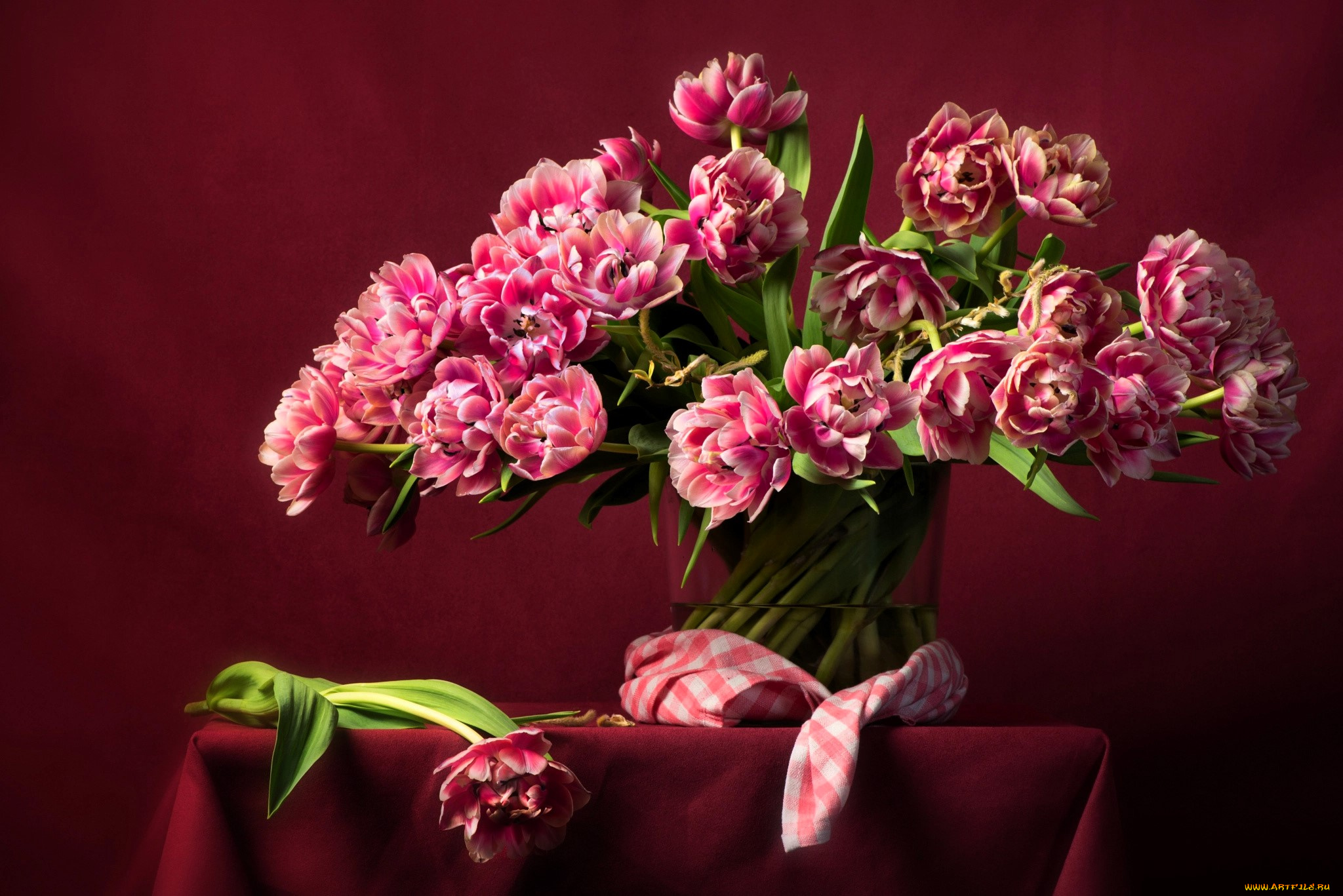 цветы, тюльпаны, розовые, банка, скатерть