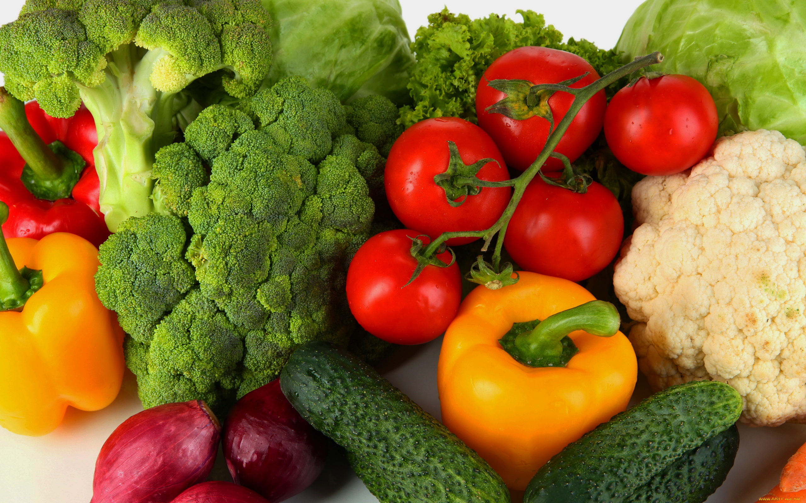 еда, овощи, перец, брокколи, капуста, цветная, помидоры, лук, огурцы