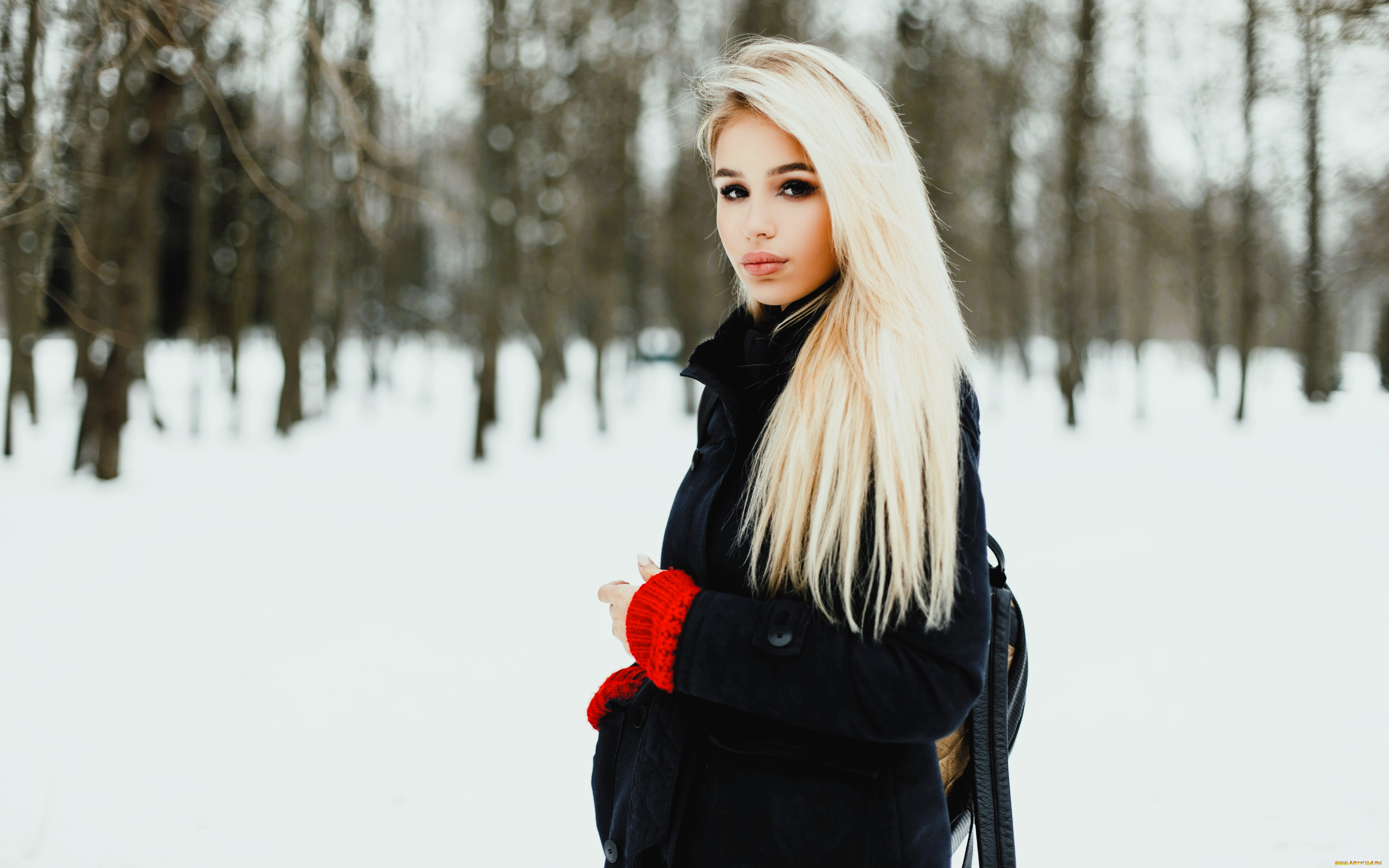 девушки, -, блондинки, , светловолосые, блондинка, пальто, рюкзак, снег, лес