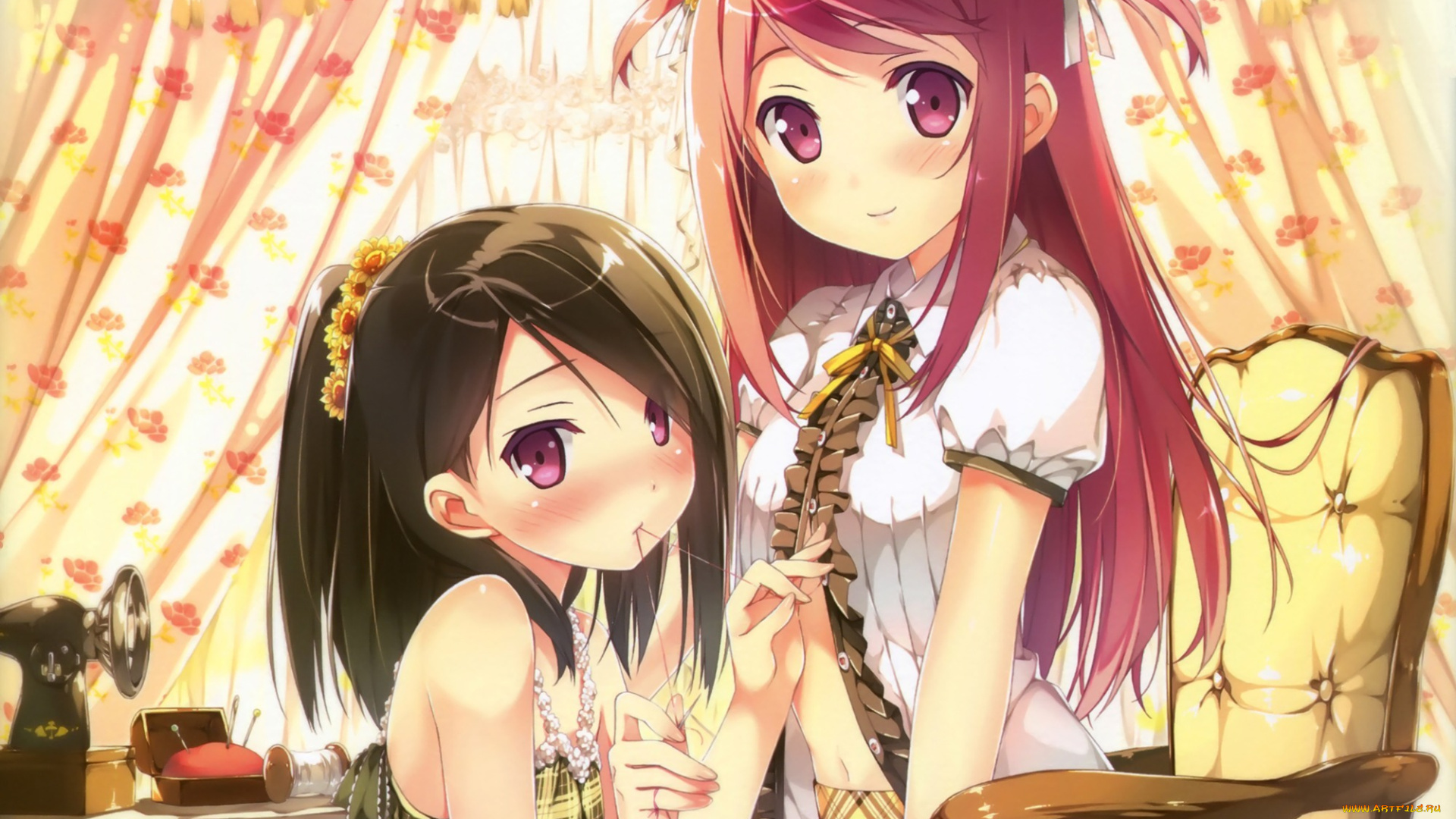 аниме, kantoku, artbook, shizuku, нитки, иголки, машинка