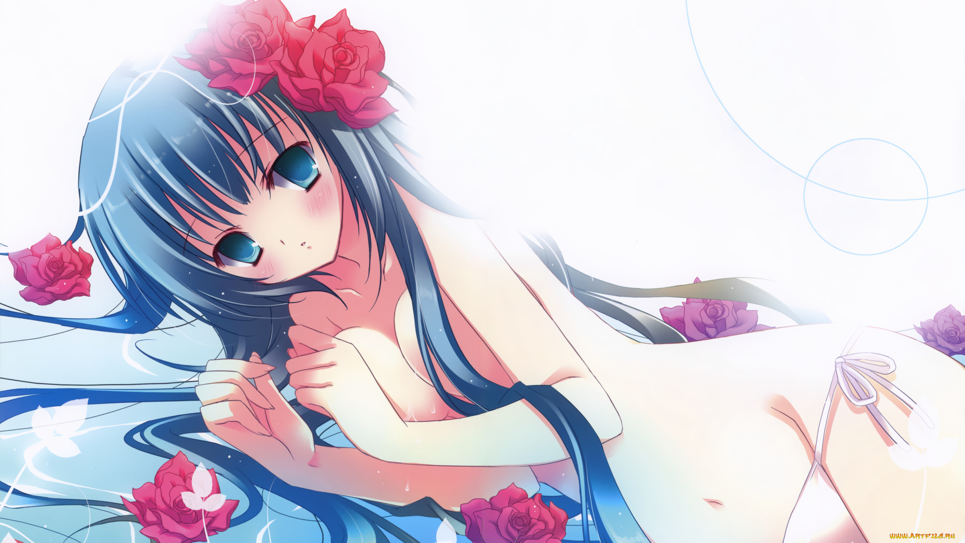 аниме, *unknown, другое, девушка, взгляд, вода, цветы, розы