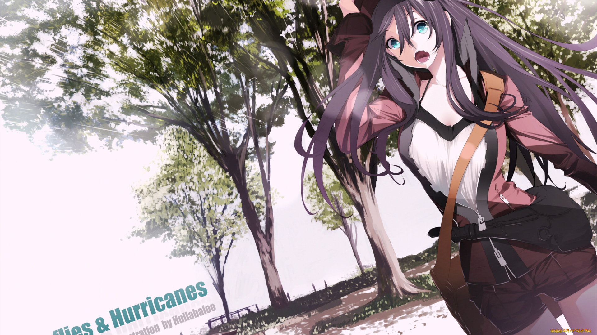 аниме, *unknown, другое, длинные, волосы, высокое, разрешение, открытый, рот, девушка, кепка, сумка, куртка, шорты, голубые, глаза, дерево