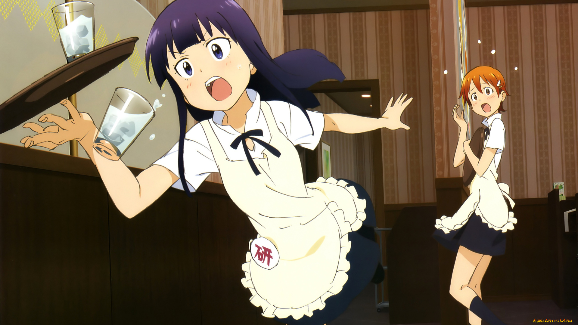 аниме, working, поднос, стакан