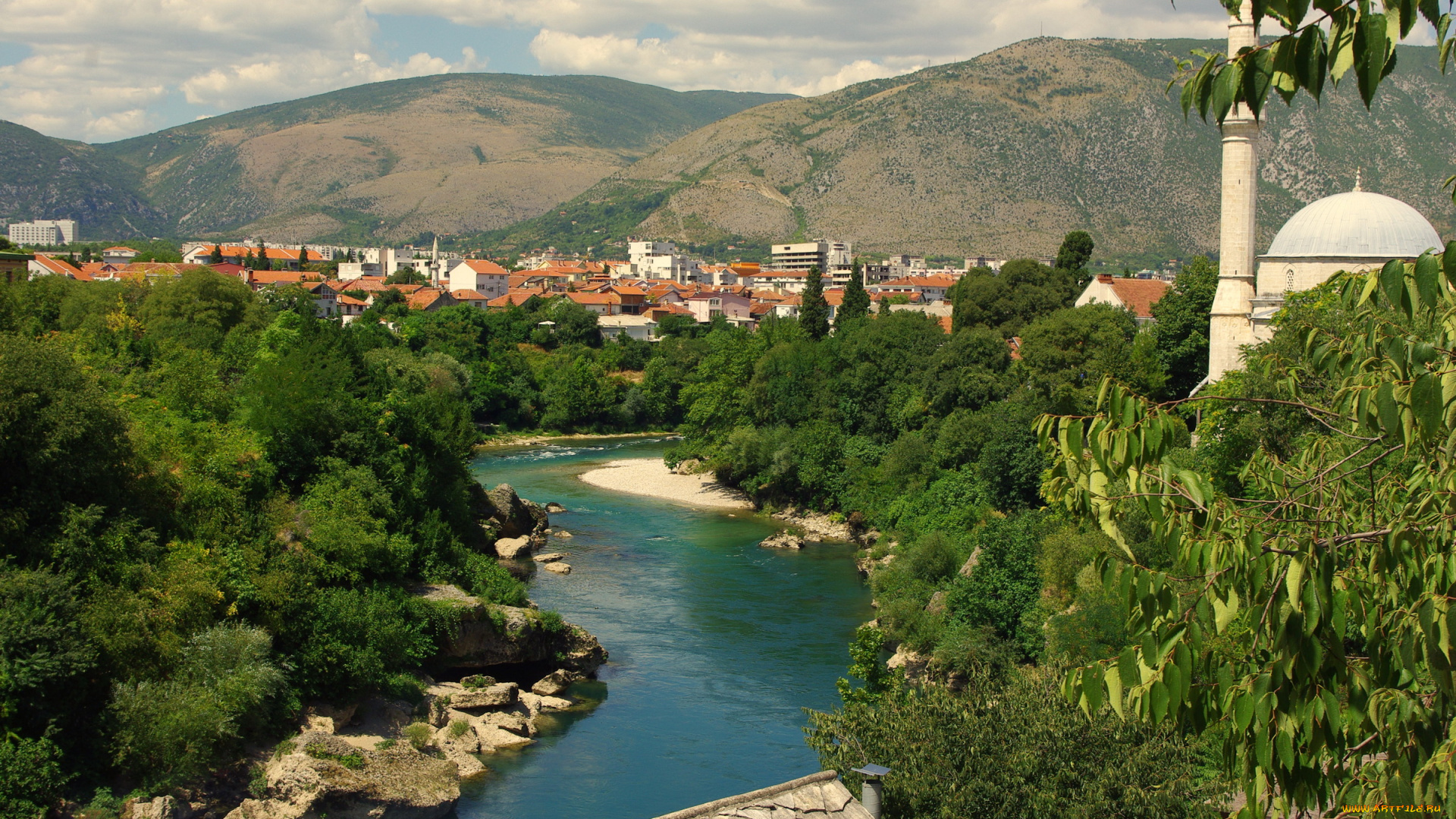 босния, города, мостар, герцеговина, горы, река, деревья, городок, мечеть, минарет