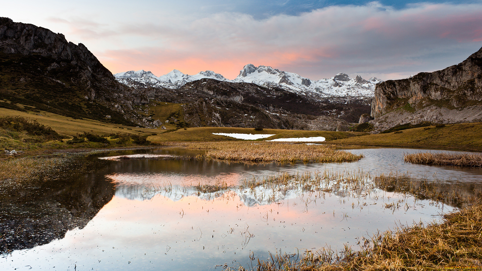 природа, реки, озера, горы, небо, облака, месяц, озеро