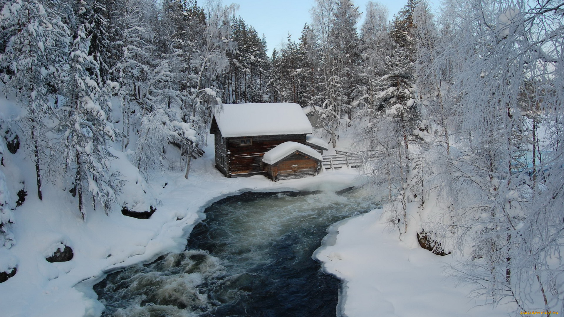 природа, зима, лес, домик, река