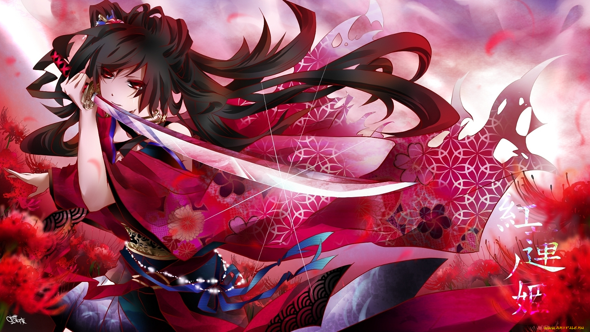 аниме, weapon, blood, technology, девушка, иероглифы, кимоно, катана, меч