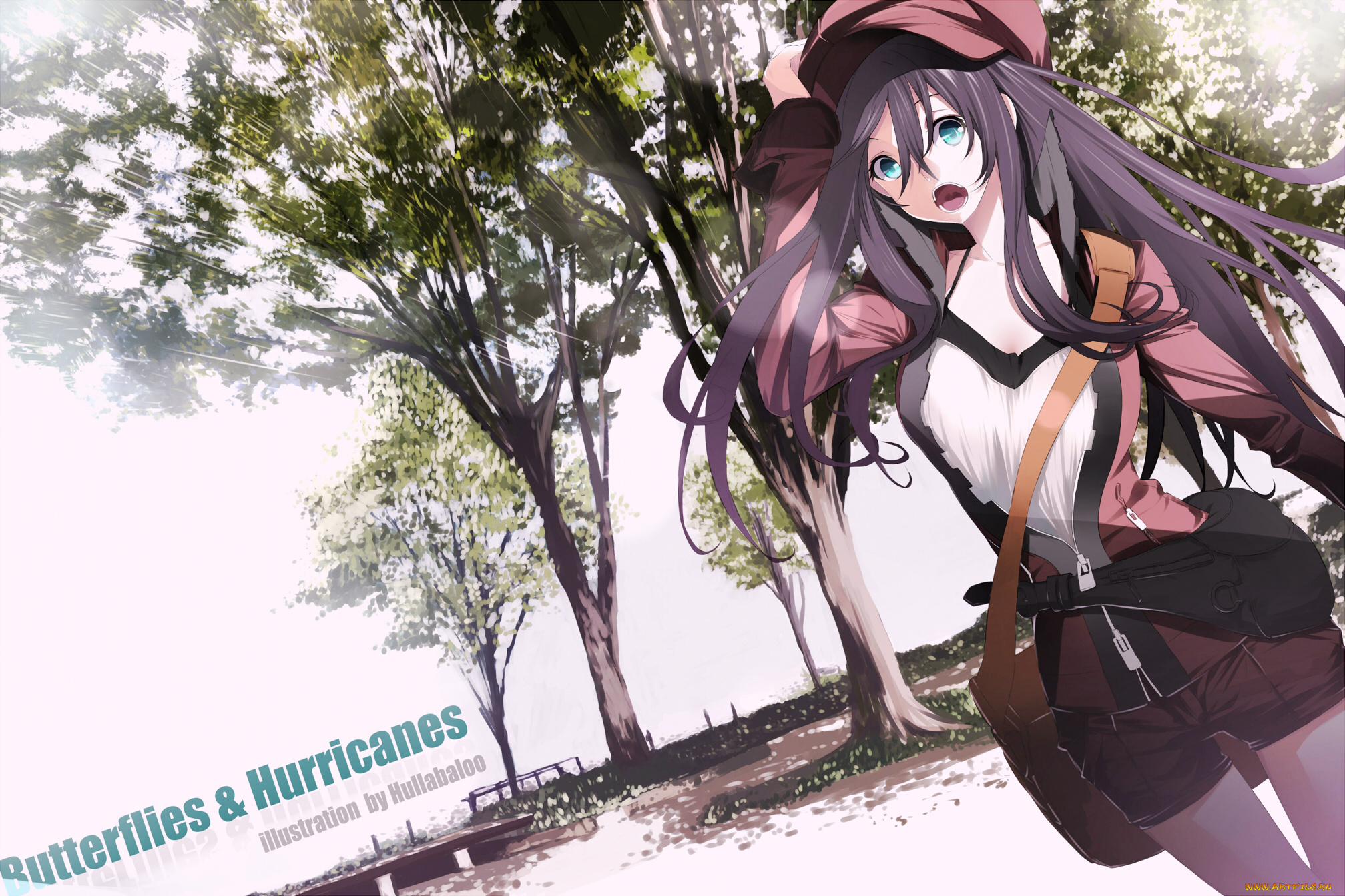 аниме, *unknown, другое, длинные, волосы, высокое, разрешение, открытый, рот, девушка, кепка, сумка, куртка, шорты, голубые, глаза, дерево