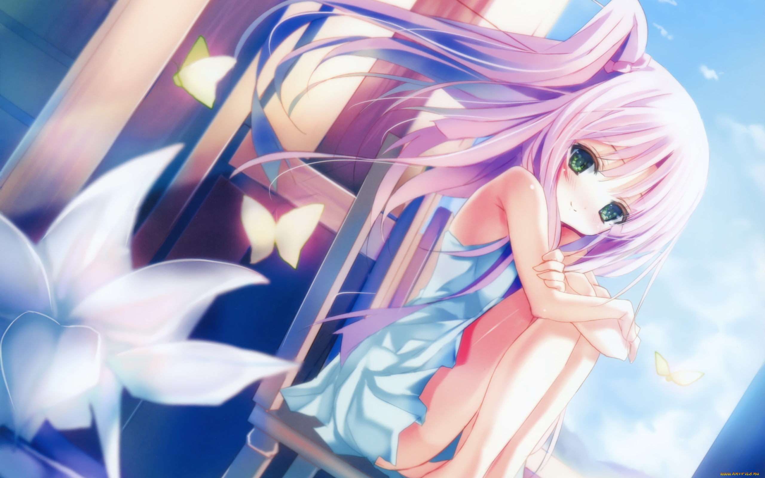 аниме, *unknown, другое, девушка, локоны, ветер, улыбка, платье, небо, бабочки, цветок