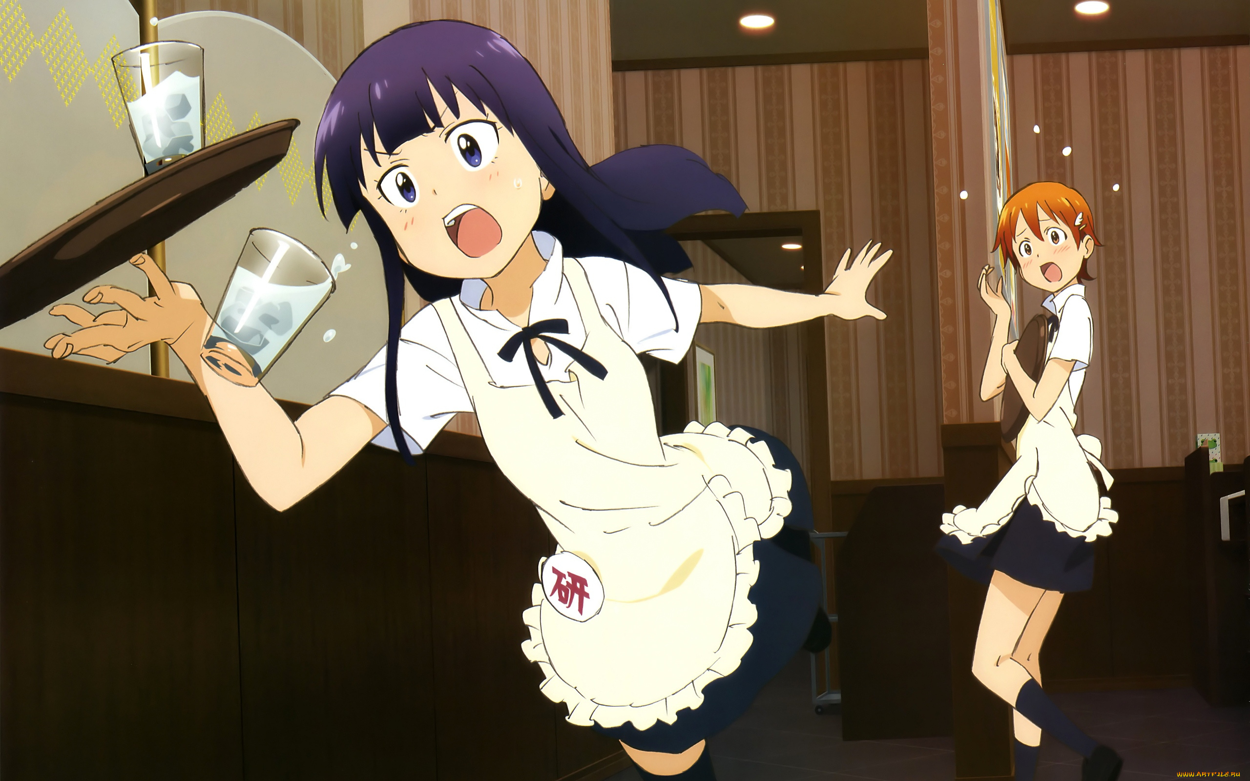 аниме, working, поднос, стакан