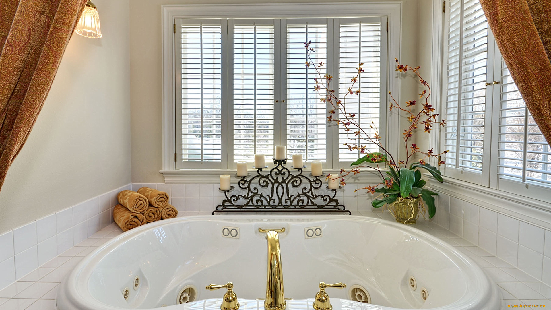 интерьер, ванная, туалетная, комнаты, ванна, краны, свечи, вазон