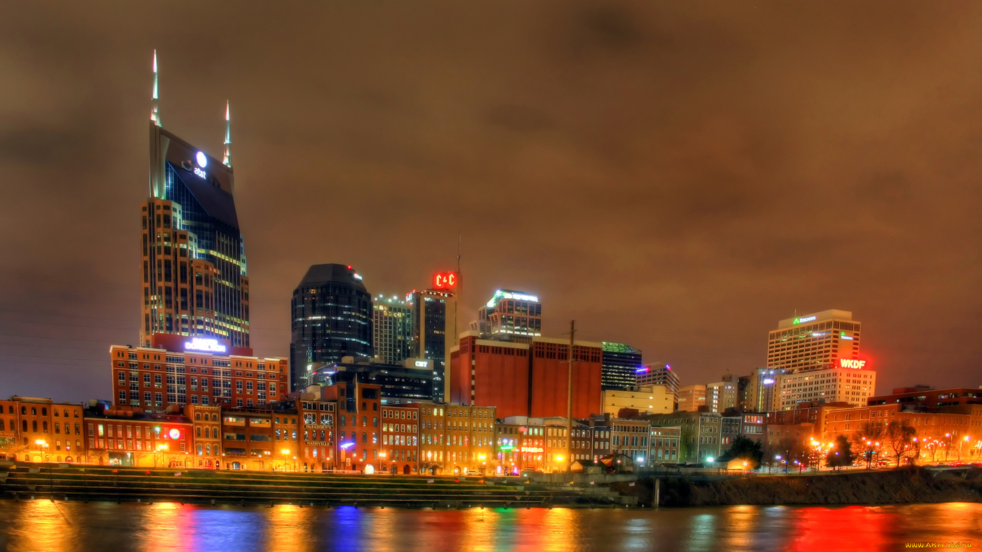 nashville, теннесси, сша, города, огни, ночного, ночь, дома