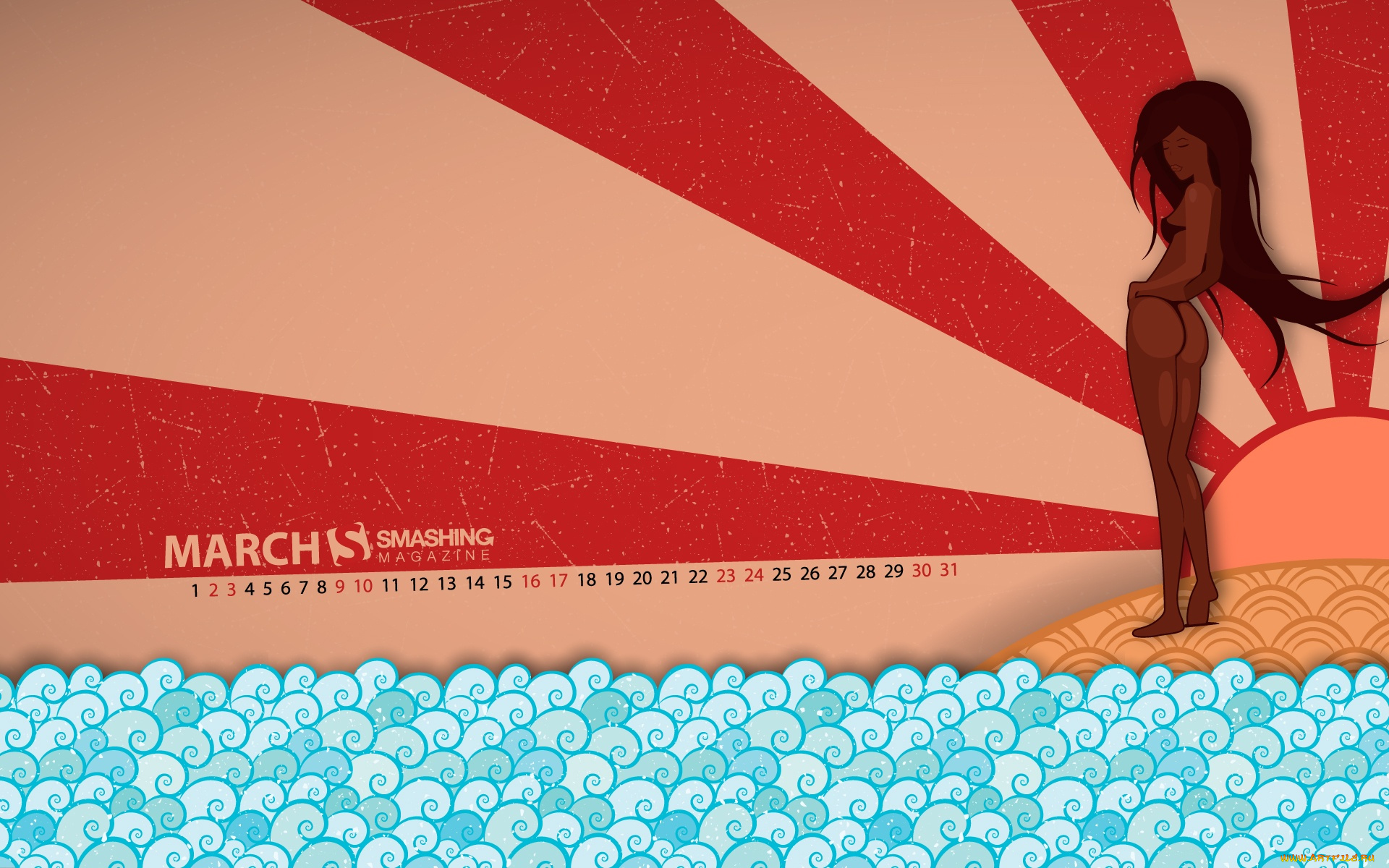 календари, рисованные, векторная, графика, девушка, солнце