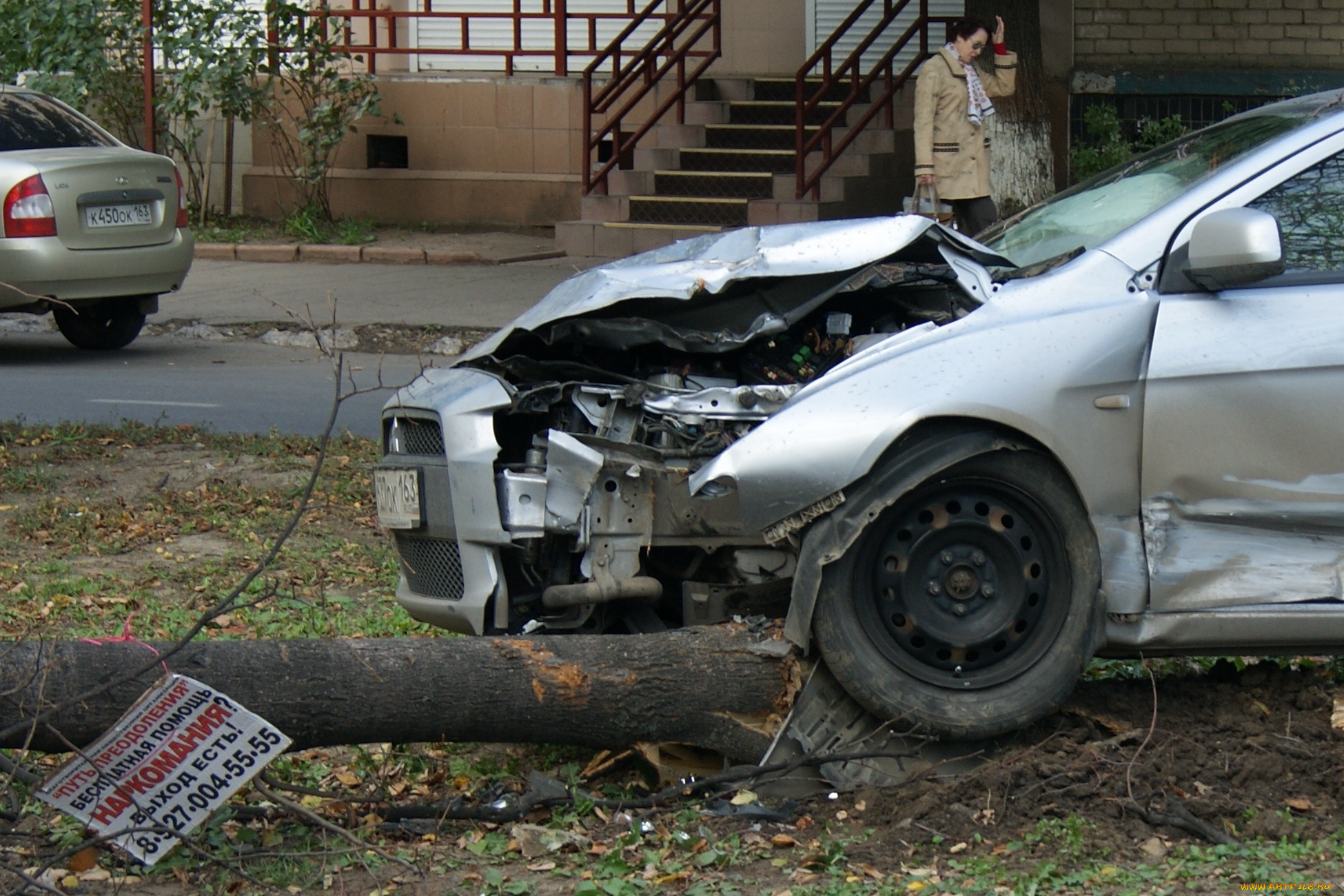 водитель, не, воспользовался, услугами, пути, преодоления, вот, юмор, приколы, дерево, табличка, автомобили, дом, женщина, дорога