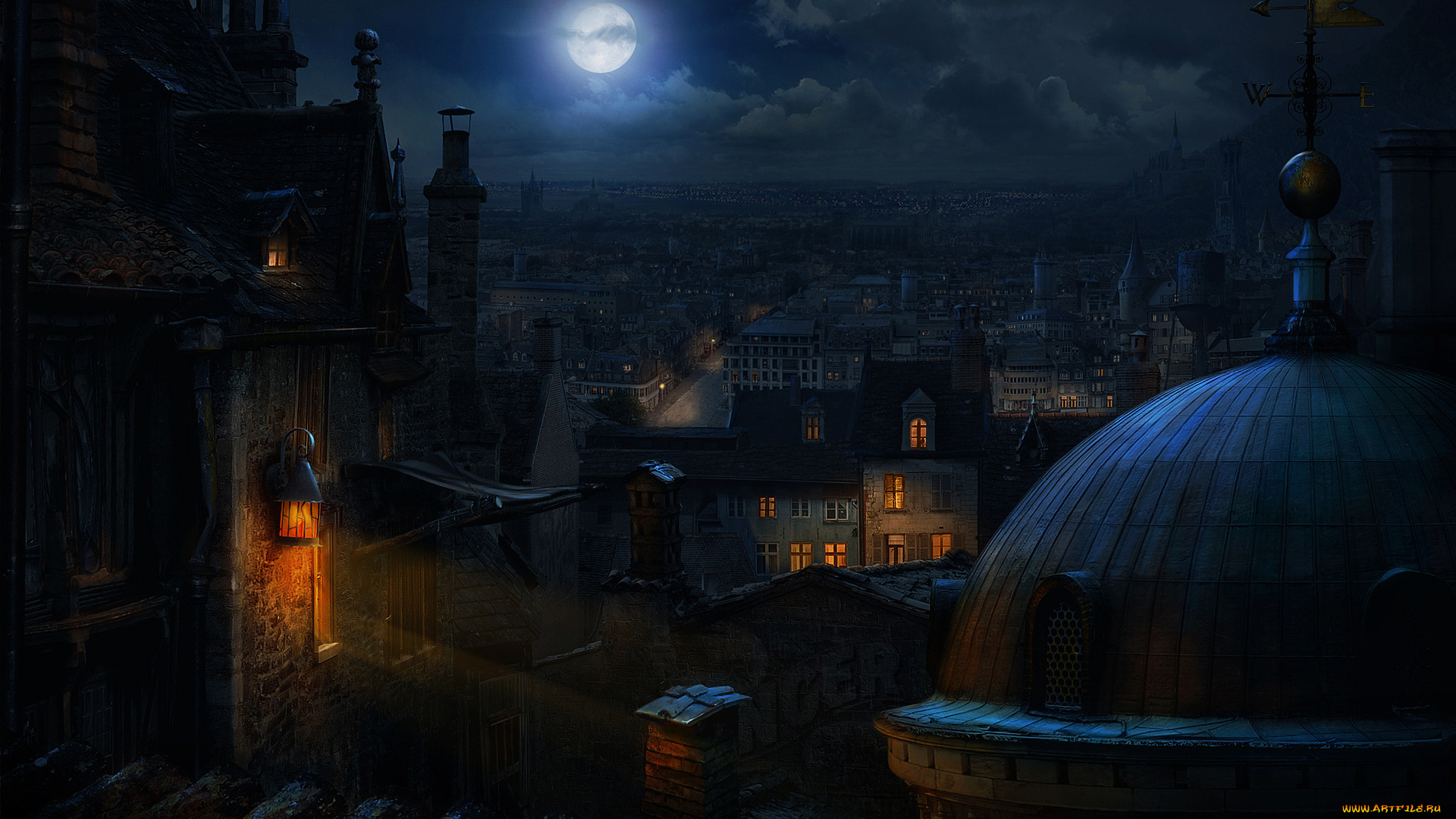 3д, графика, architecture, , архитектура, флюгер, фонарь, купол, ночь, город