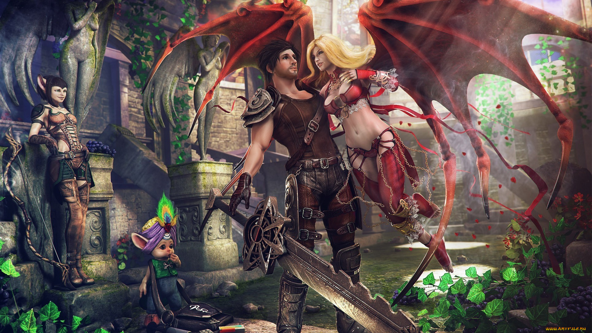 3д, графика, fantasy, , фантазия, двор, замок, виноград, лучница, девушки, демоница, крылья, меч, парень