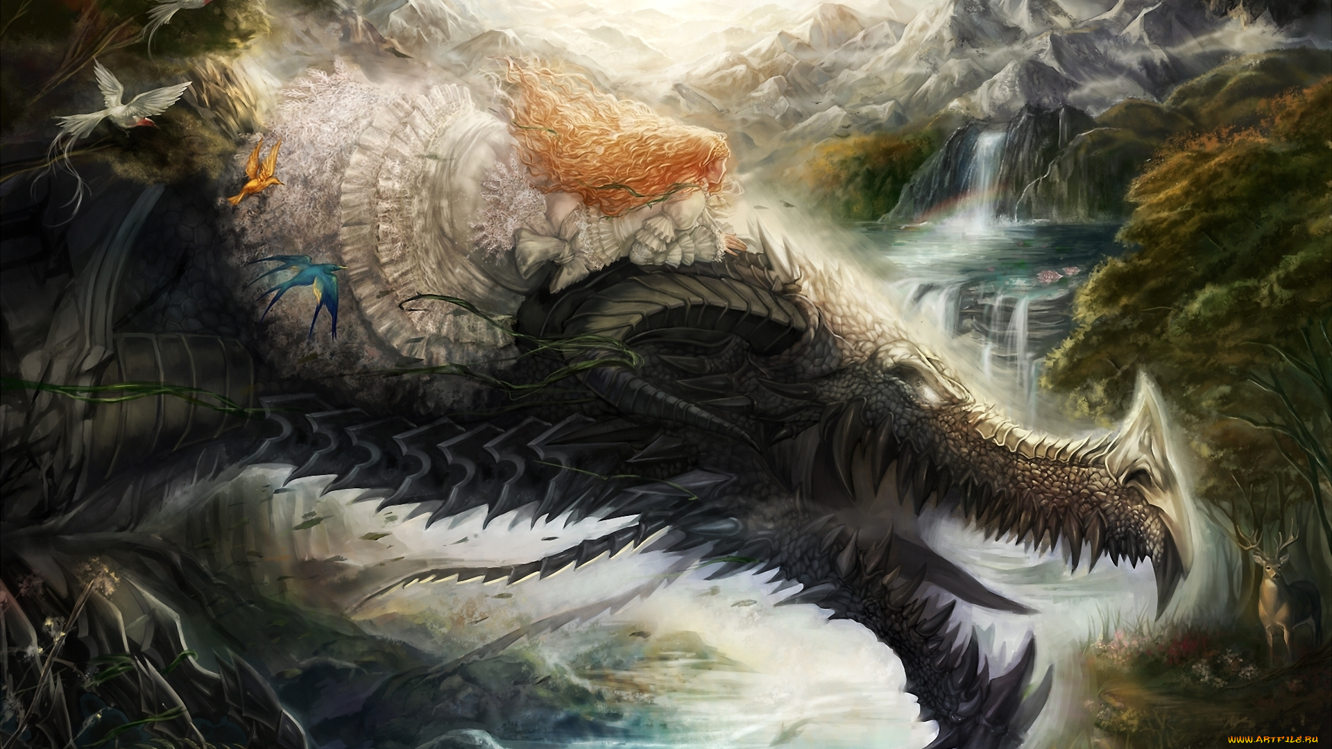 фэнтези, красавицы, и, чудовища, полет, водопад, природа, дракон, девушка