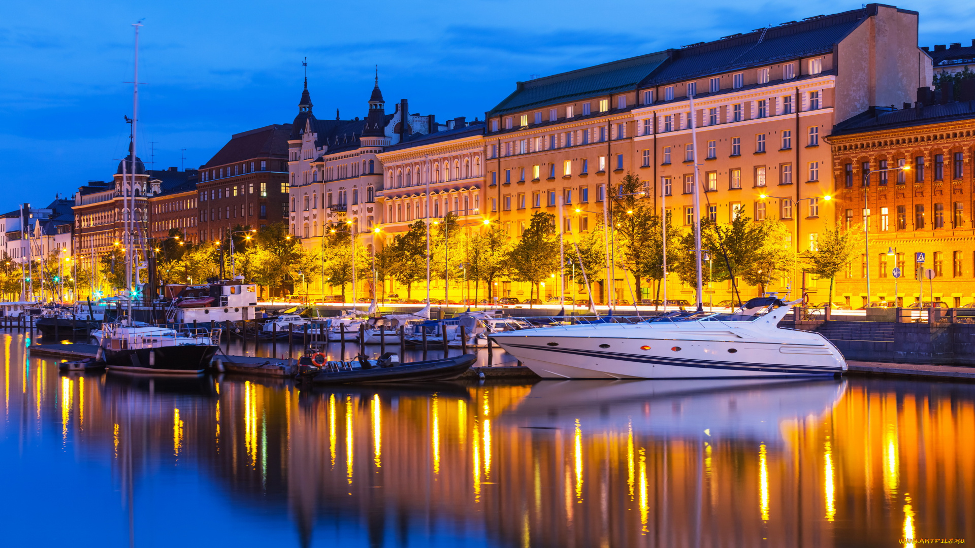 города, хельсинки, , финляндия, дома, хельсинки, река, ночь