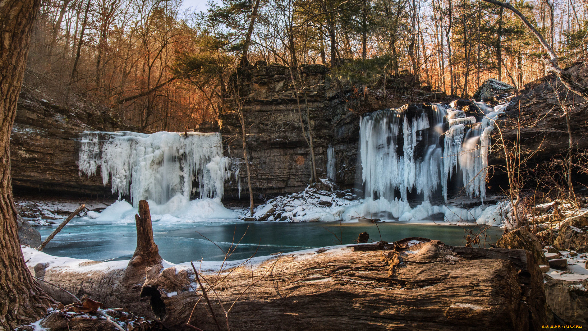 природа, зима, река, скалы, лес, бревно, ледопад