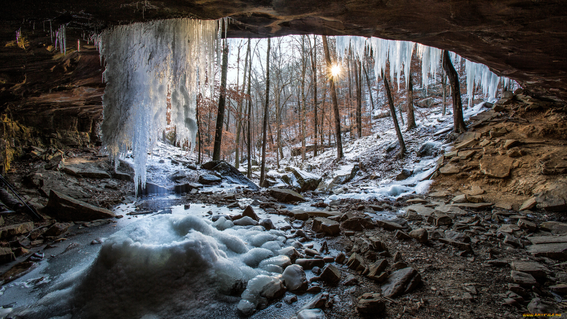 природа, зима, сосульки, снег, грот, скалы, лес