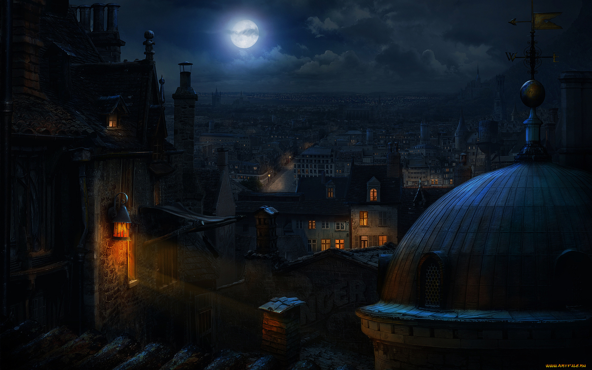 3д, графика, architecture, , архитектура, флюгер, фонарь, купол, ночь, город