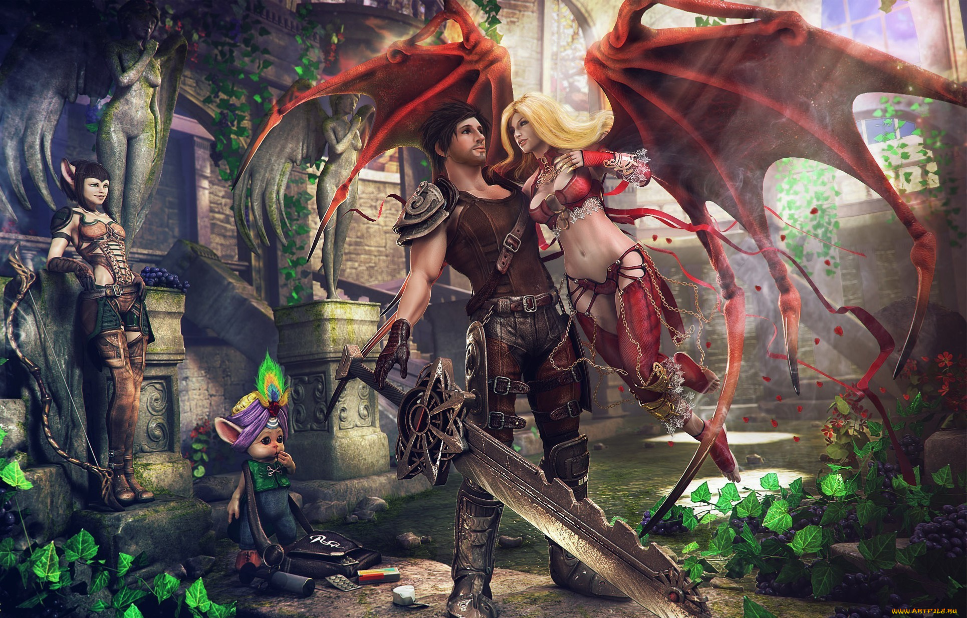 3д, графика, fantasy, , фантазия, двор, замок, виноград, лучница, девушки, демоница, крылья, меч, парень