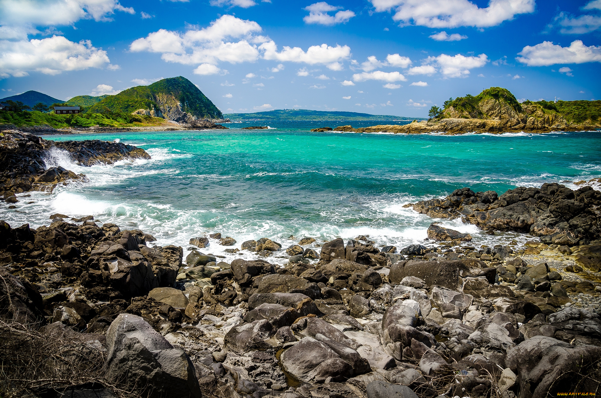 природа, побережье, камни, волны, бухта, океан