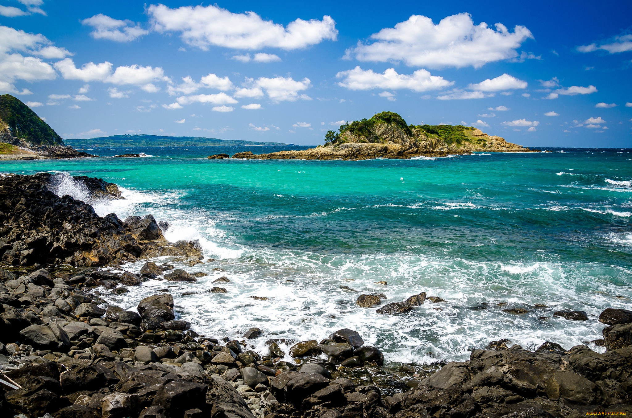 природа, побережье, остров, волны, бухта, океан