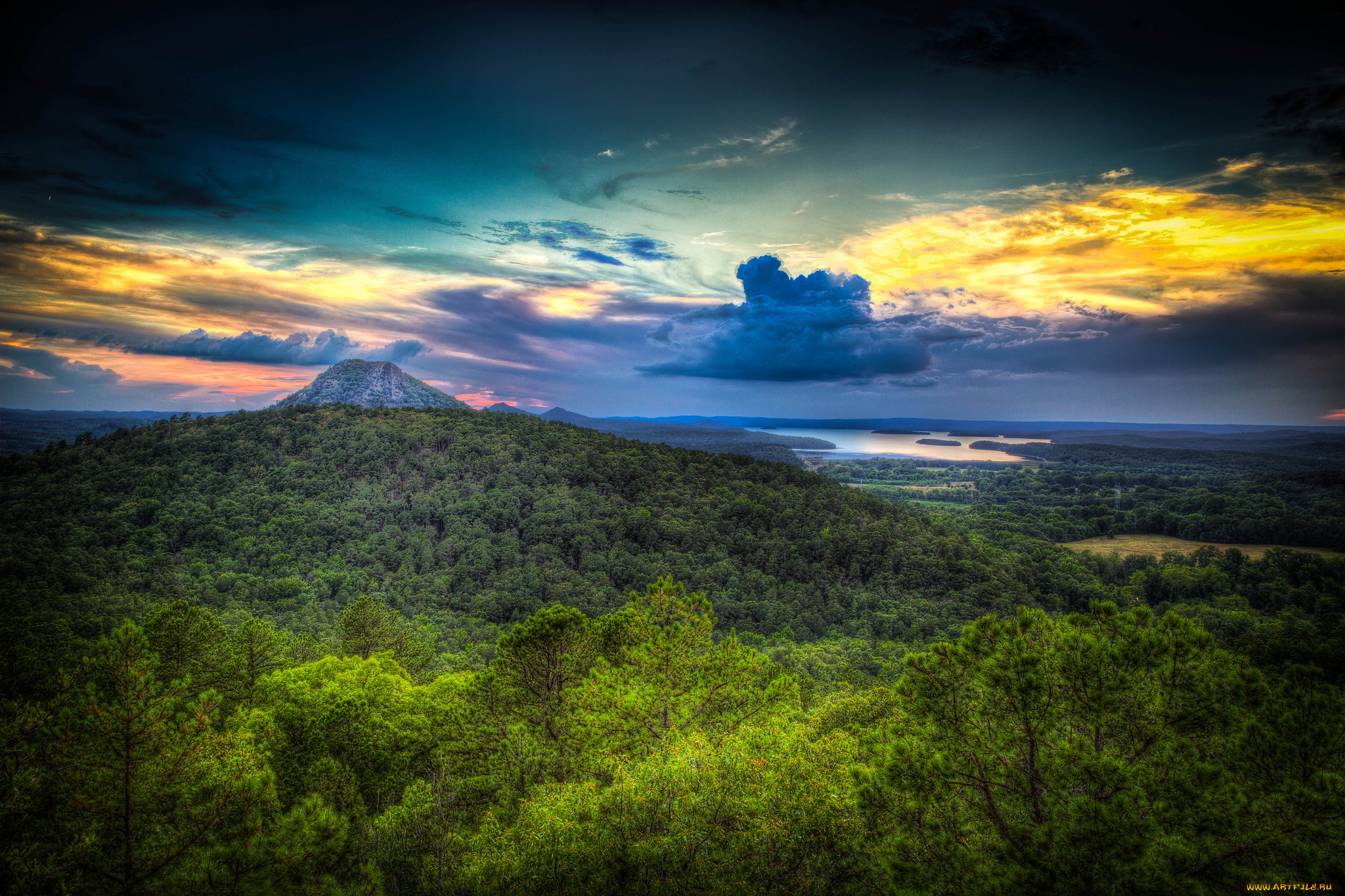 природа, пейзажи, простор, тучи, река, леса, горы