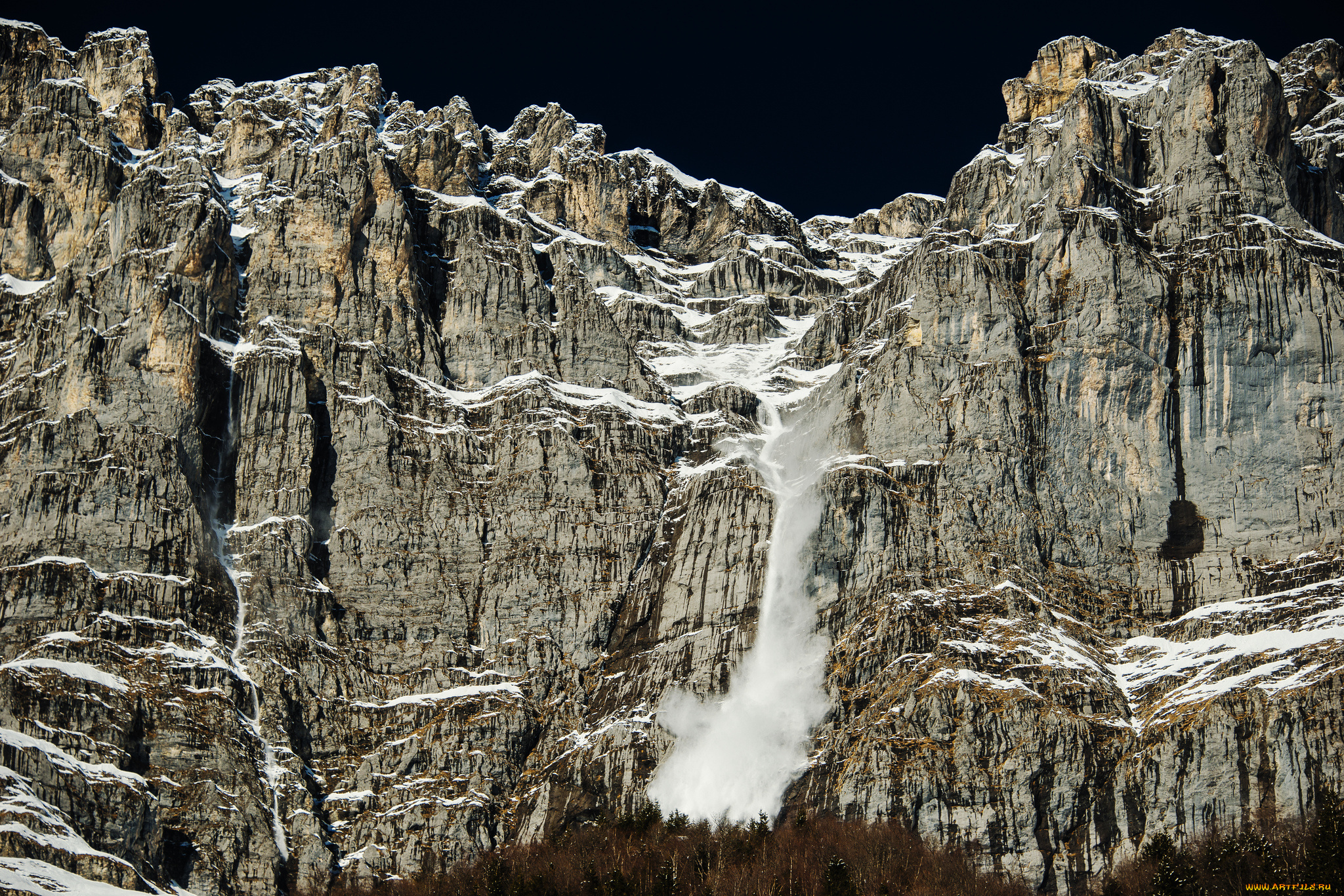 природа, стихия, скалы, горы, лавина, лес