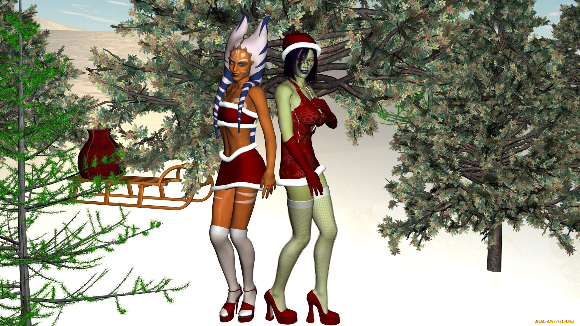 3д, графика, существа, , creatures, санки, ели, лес, зима, фон, взгляд, халки