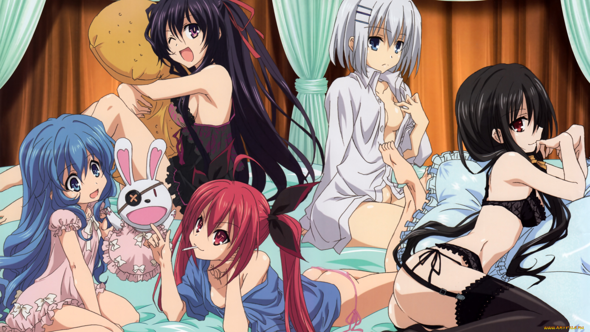 аниме, date, a, live, itsuka, kotori, tobiichi, origami, tokisaki, kurumi, yatogami, tohka, yoshino, девушки, кровать, подушка, игрушка, компания, нижнее, белье, пеньюар, лента, бант, рубашка, шторы, комната