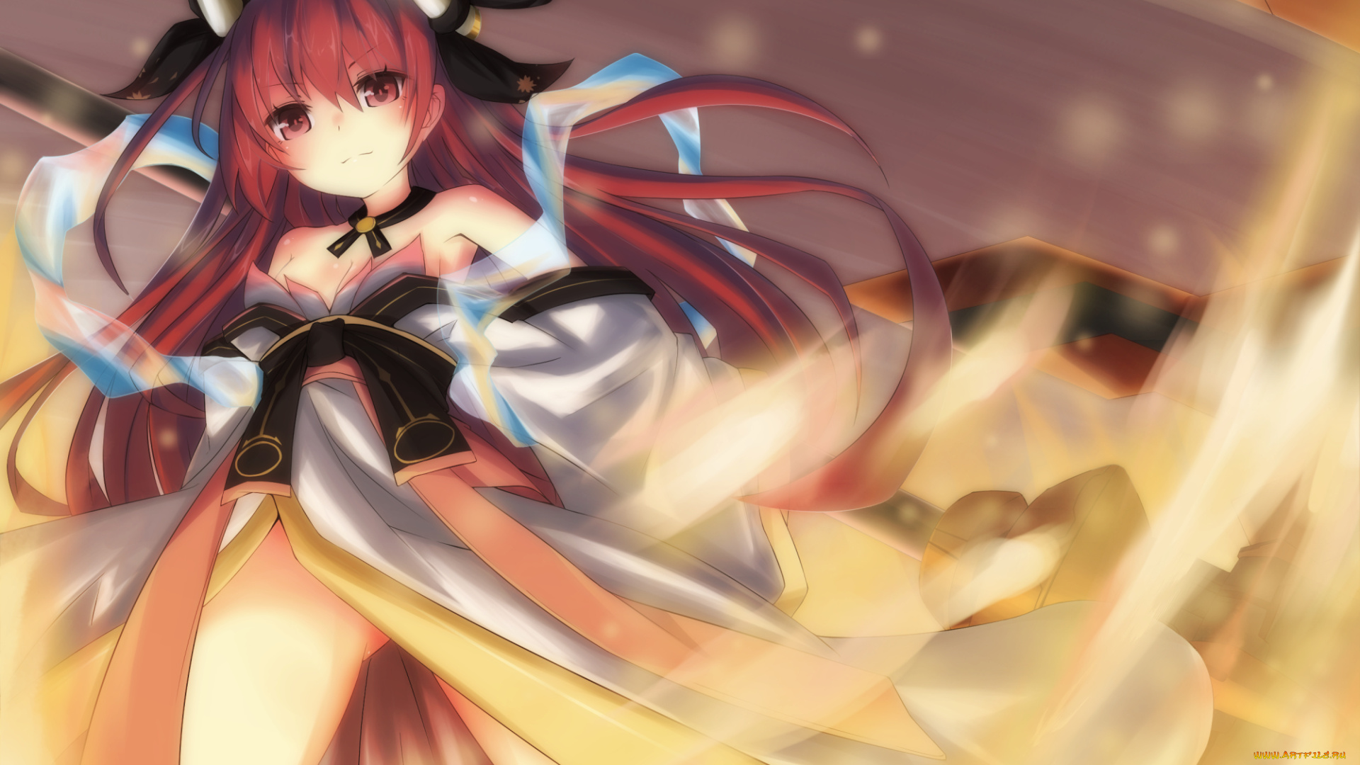 аниме, date, a, live, кимоно, бант, демон, рога, коса, вихрь, огонь, chawa, yossui009, оружие, девушка