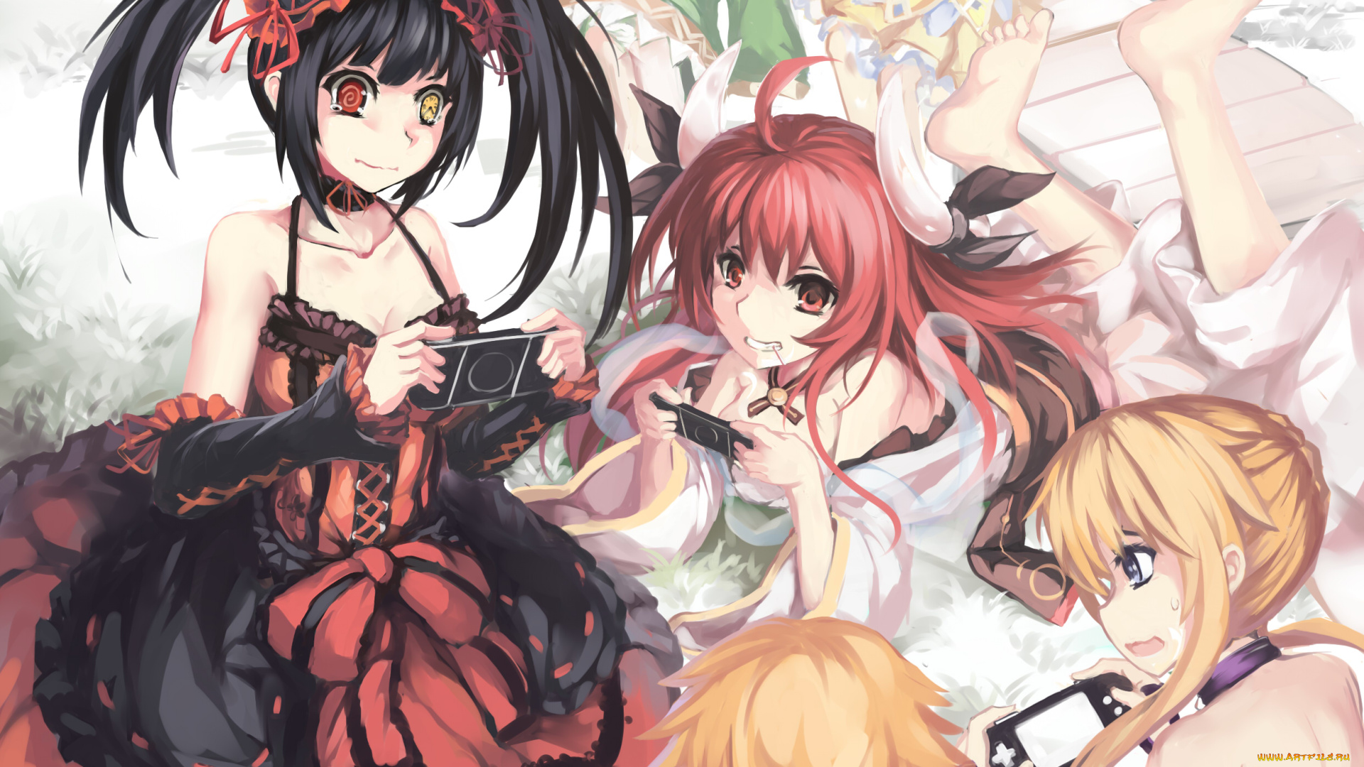 аниме, date, a, live, повязка, izayoi, miku, компания, psp, бант, yamai, kaguya, itsuka, kotori, tokisaki, kurumi, игра, девушки, lu, hao, liang, yoshino, yuzuru, рога, платье, часы, демон