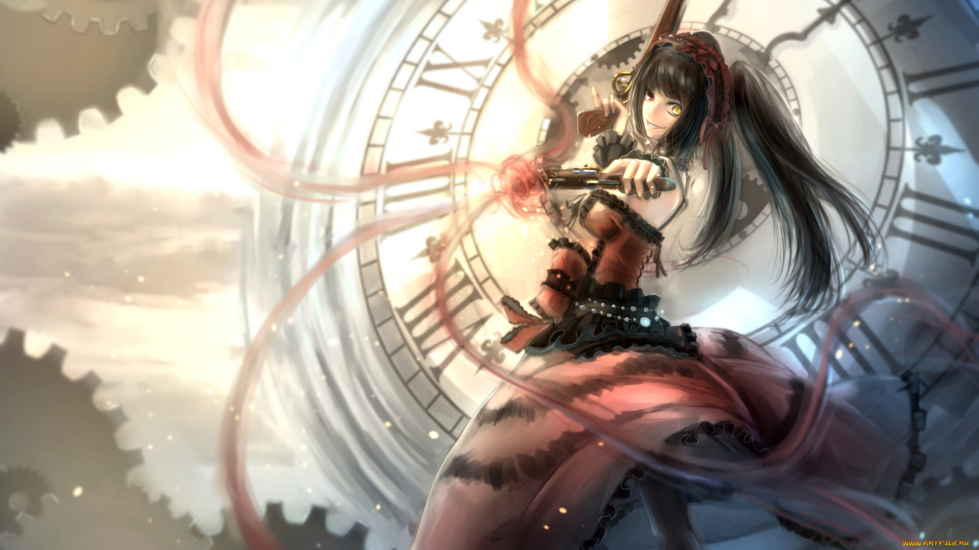 аниме, date, a, live, ружье, девушка, kikivi, tokisaki, kurumi, оружие, шестеренки, часы, чепец, повязка, платье