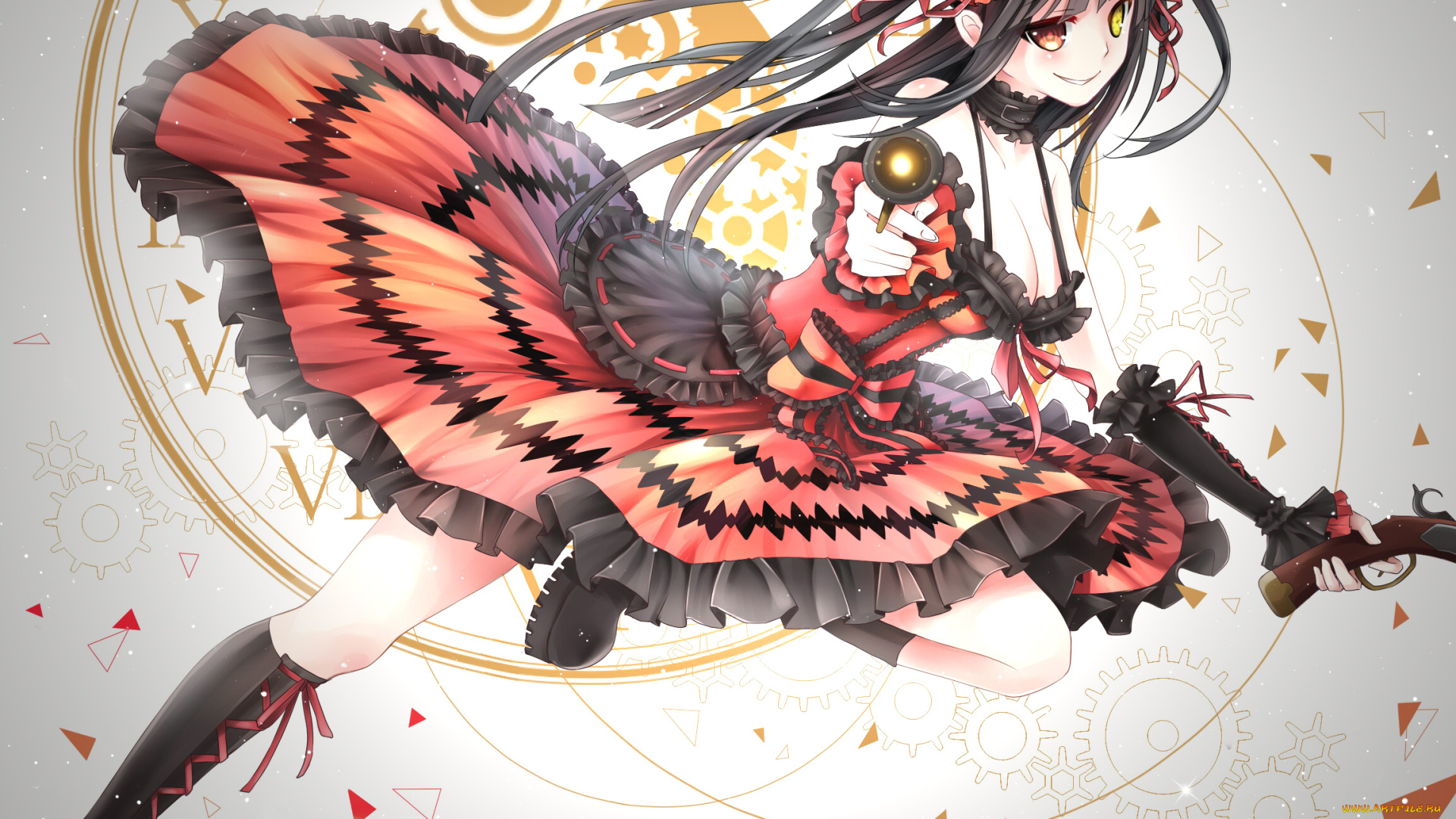 аниме, date, a, live, шестеренки, чепец, повязка, часы, ружье, tokisaki, kurumi, платье, девушка, оружие, ling, vivianling