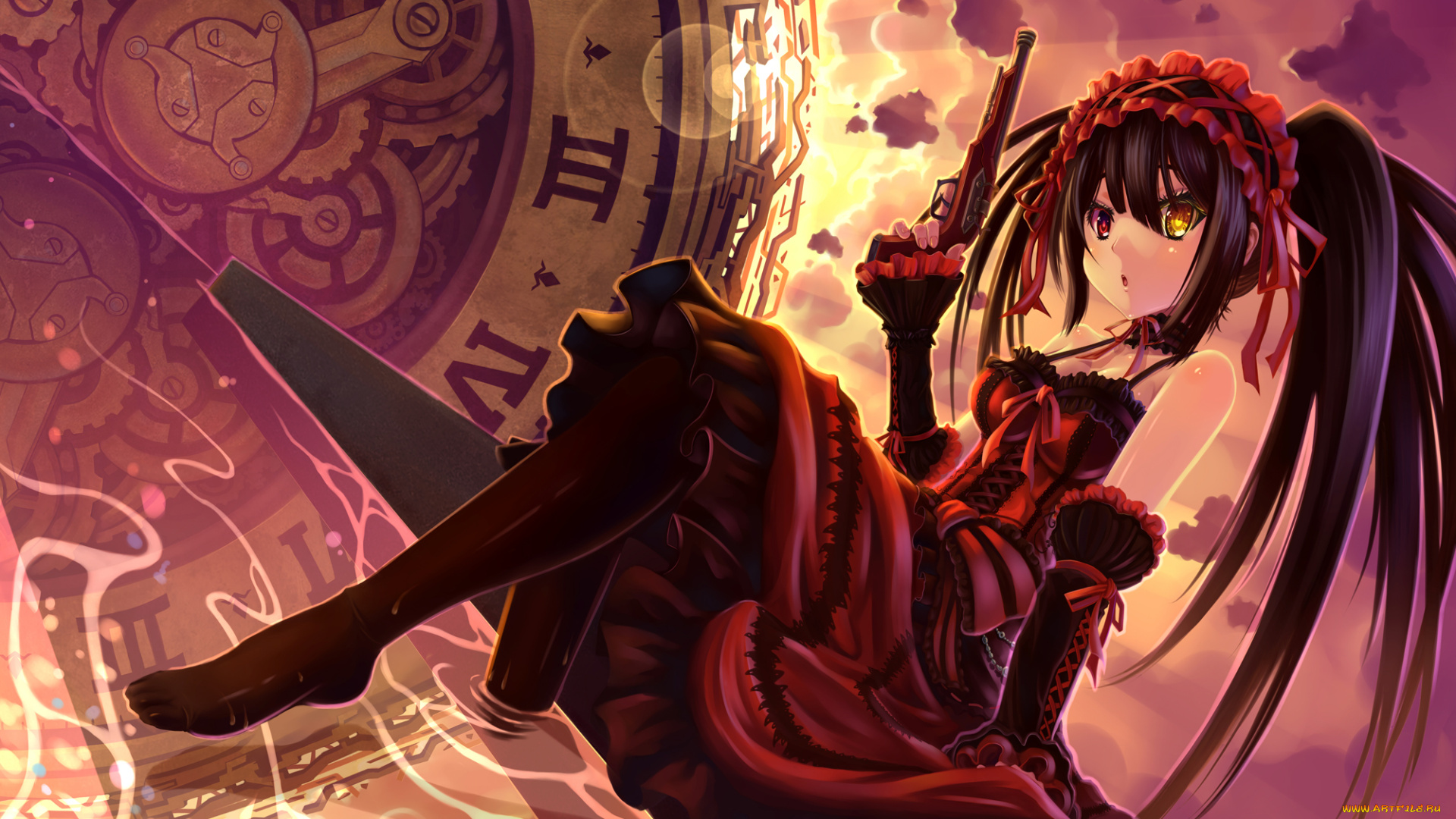 аниме, date, a, live, шестеренки, чепец, повязка, часы, ружье, tokisaki, kurumi, платье, девушка, yui081128, youran, оружие, небо, облака, солнце, вода