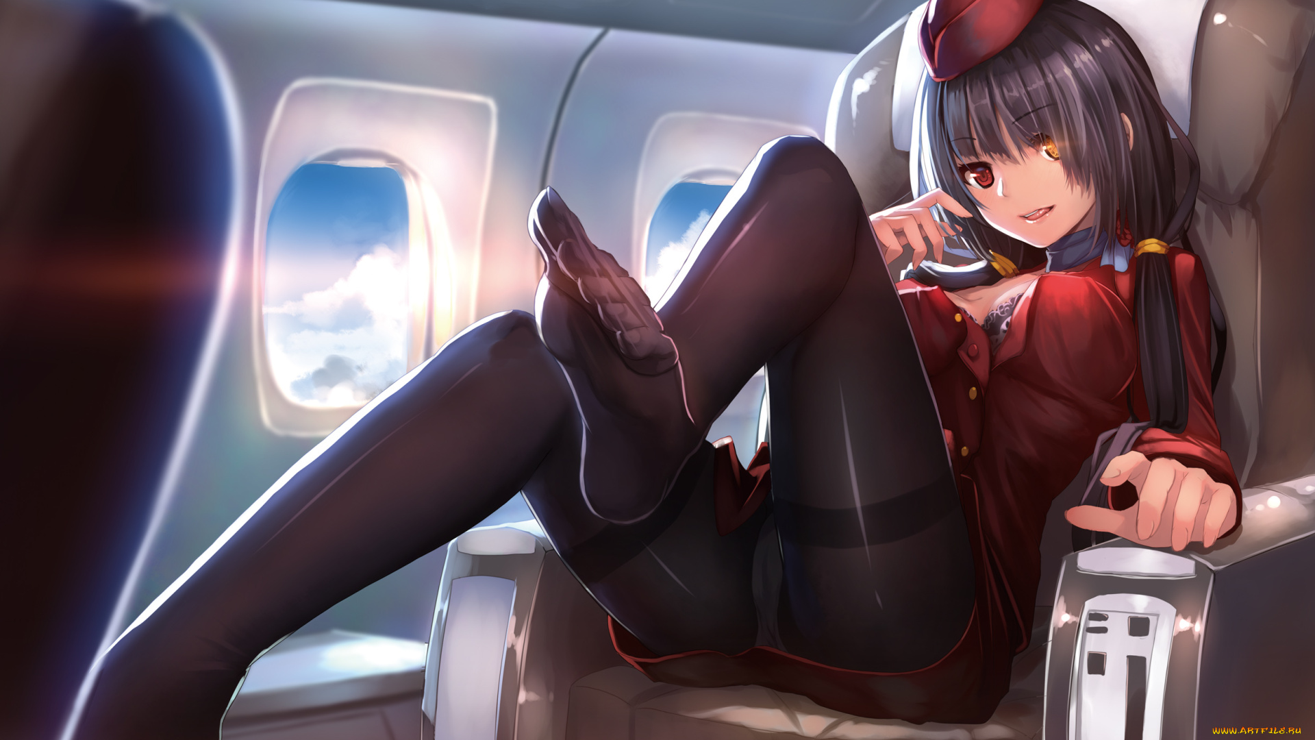 аниме, date, a, live, tokisaki, kurumi, ac, xsk, самолет, небо, облака, полет, техника, девушка, форма, стюардесса, нижнее, белье, шапка, колготки, пульт