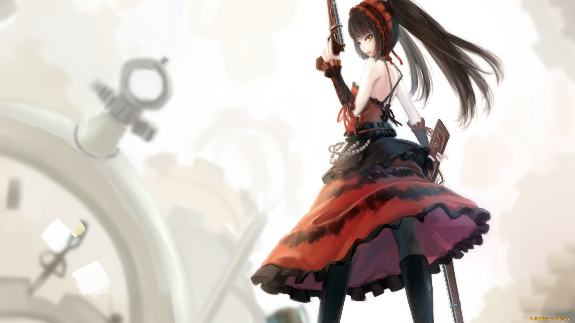аниме, date, a, live, tokisaki, kurumi, kikivi, шестеренки, чепец, повязка, часы, ружье, платье, девушка, оружие