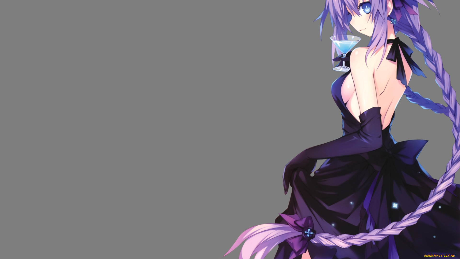 аниме, hyperdimension, neptunia, серый, фон, neptune, hyperdimension, neptunia, бокал, платье, девушка, tsunako, purple, heart