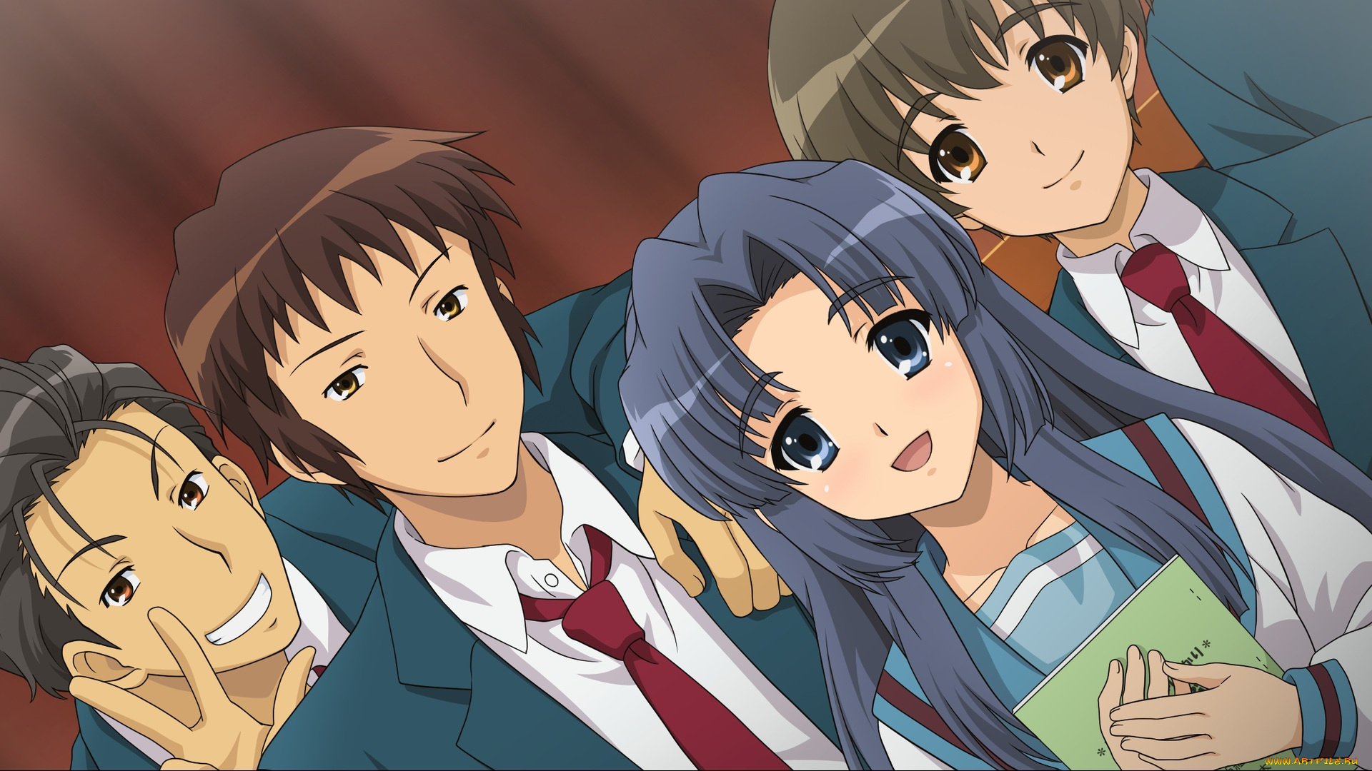 аниме, the, melancholy, of, haruhi, suzumiya, asakura, ryouko, девушка, парни, kunikida, kyon, taniguchi