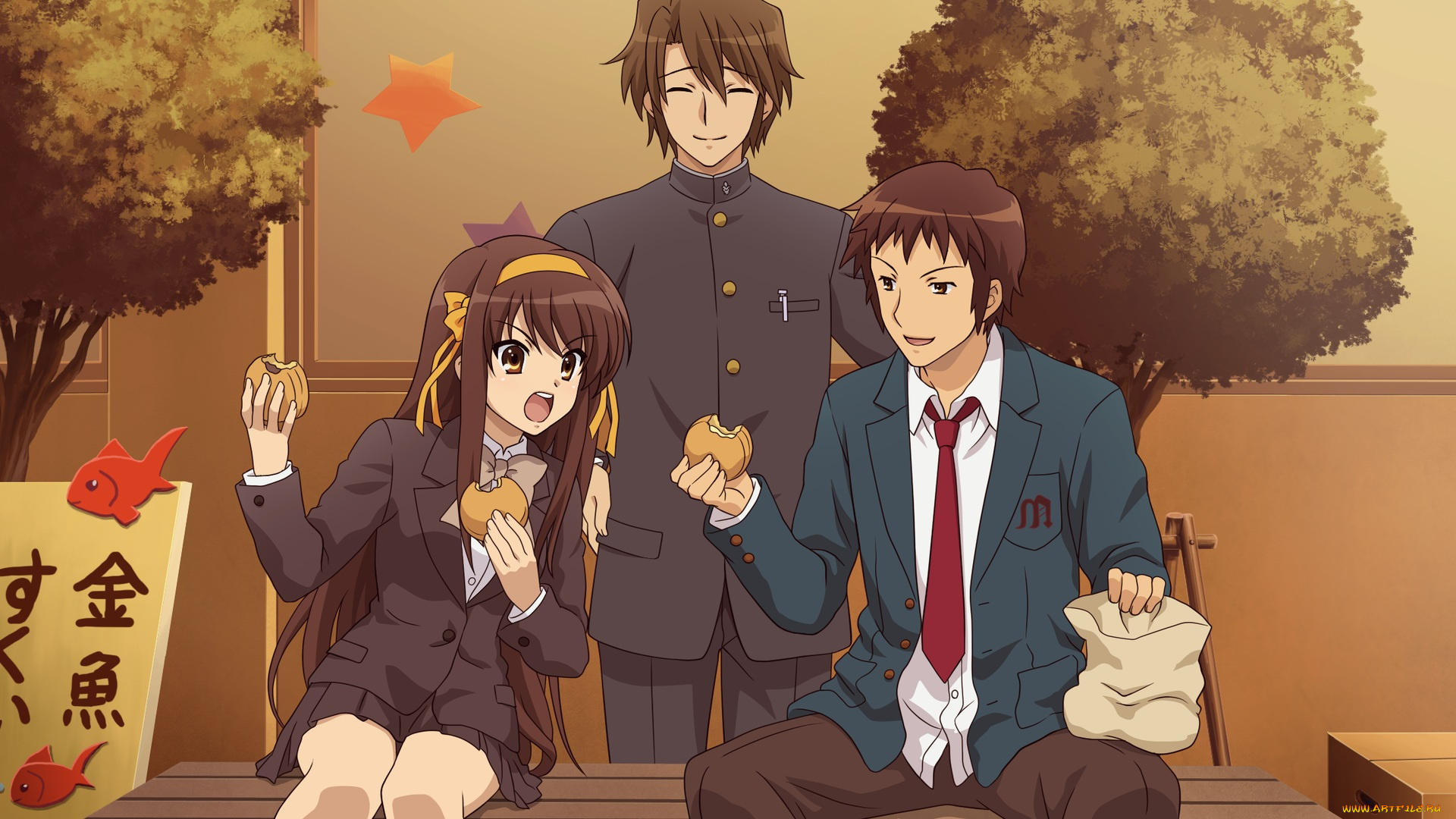 аниме, the, melancholy, of, haruhi, suzumiya, парни, suzumiya, haruhi, kyon, koizumi, itsuki, девушка, еда