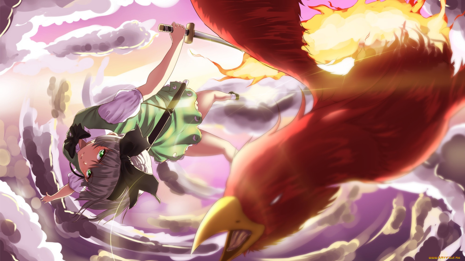 аниме, touhou, арт, hk-zxd0554, меч, взгляд, облака, птица, небо, девушка, konpaku, youmu