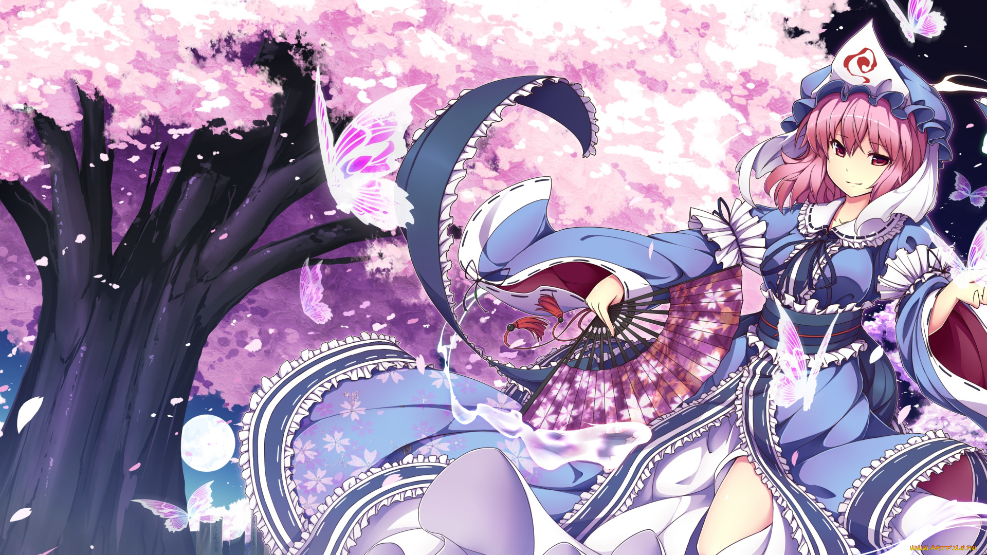 аниме, touhou, арт, ugume, saigyouji, yuyuko, ленты, платье, дерево, рюши, веер, девушка