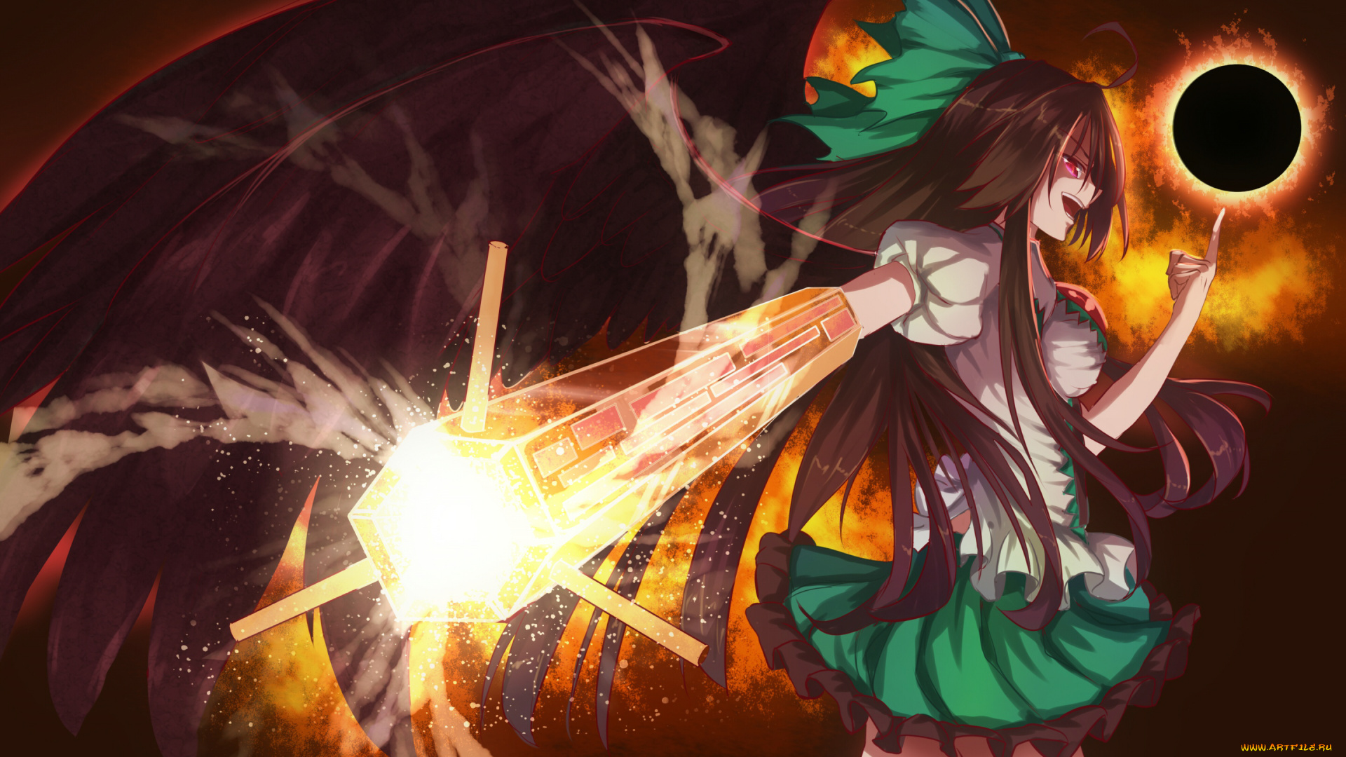 аниме, touhou, bakanoe, арт, девушка, reiuji, utsuho, улыбка, взгляд, бант, крылья, затмение